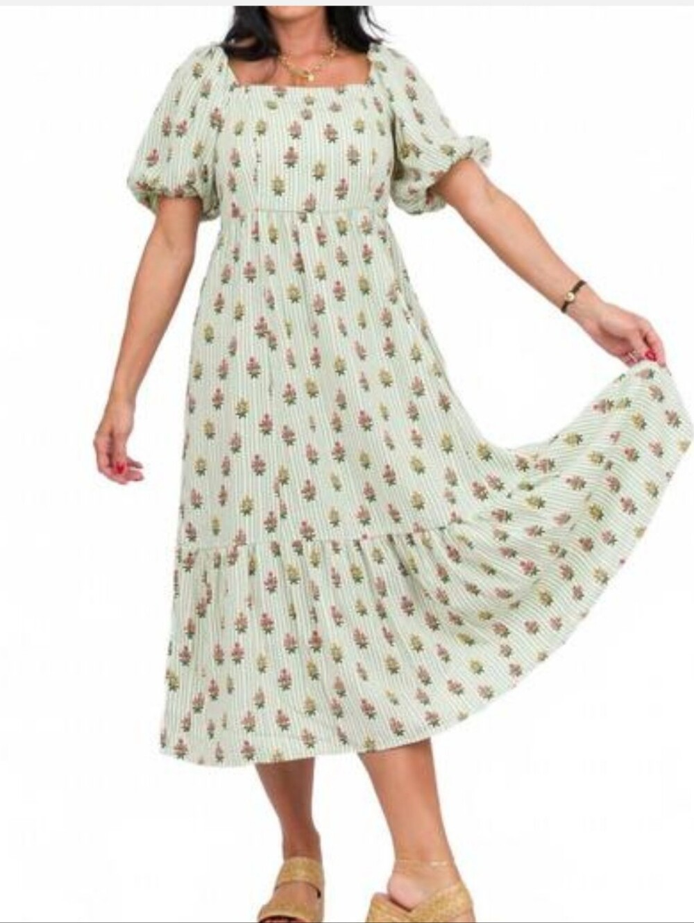 MARY SQUARE alexi Midi dress cottage Core stripes Floral Smocked Size Small